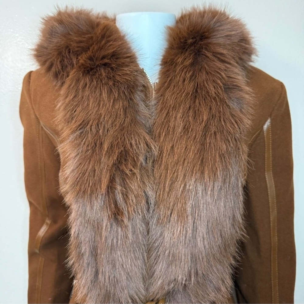 Brown faux fur belted hooded pea coat with faux leather trims - Picture 3 of 10